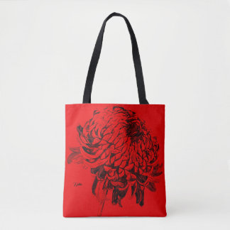 Tote Bag Dessin au trait Fourre-tout noir gris rouge fleur