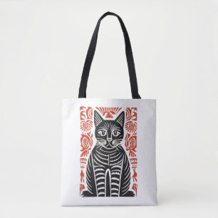 Tote Bag Dessin d'art folklorique de chat noir minimaliste