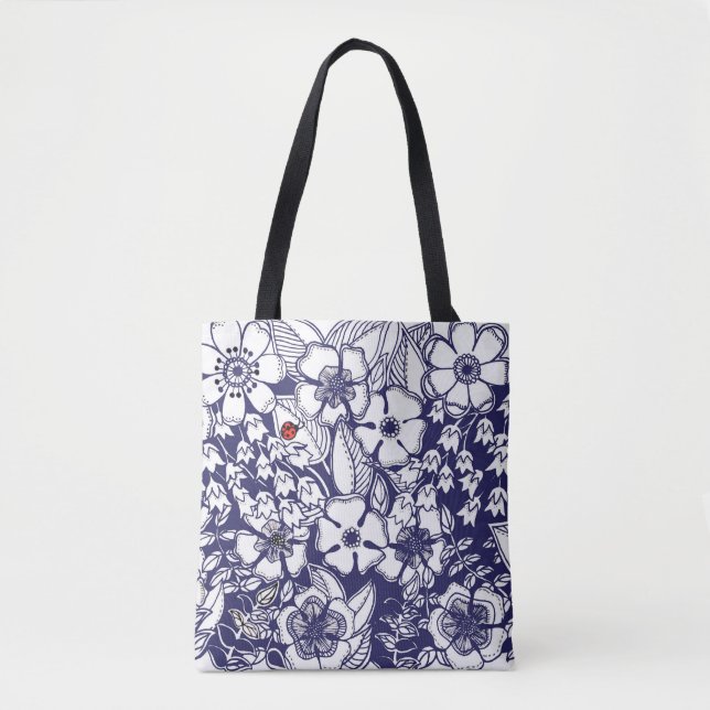 Tote Bag Dessin de jardin blanc bleu Shalom (Devant)