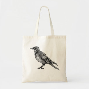 Tote Bag Dessin d'encre gothique noir et blanc corbeau