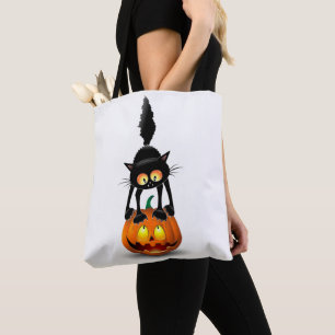 Tote Bag Dessin d'Halloween au chat effrayé sur Citrouille