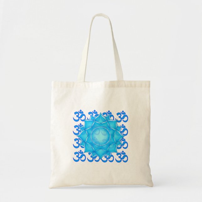 Tote Bag Dessin Fleur Lotus De Verre Bleu Avec Motif Om (Devant)