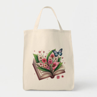Tote Bag Dessin livre ouvert avec fleur et papillon