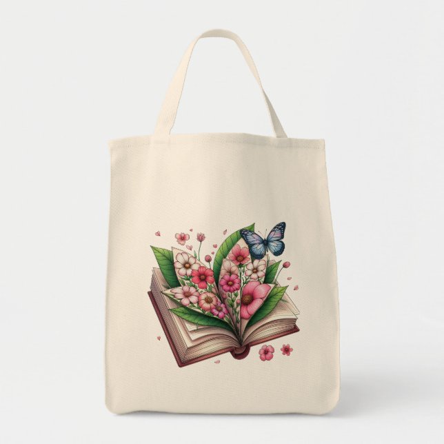 Tote Bag Dessin livre ouvert avec fleur et papillon (Devant)