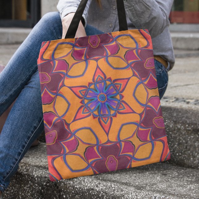 Tote Bag Dessin Mandala Fleur orange violet et bleu (Créateur téléchargé)