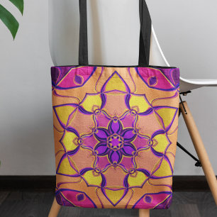 Tote Bag Dessin Mandala Flower rose violet et orange