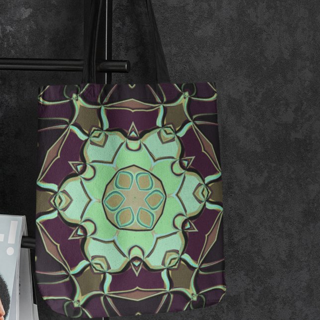 Tote Bag Dessin Mandala Flower vert violet et noir (Créateur téléchargé)