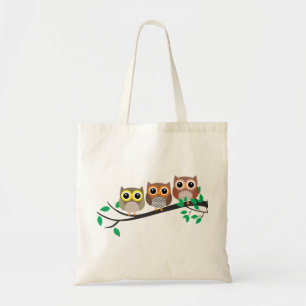 Tote Bag Dessin mignon de trois chouettes sur une branche d