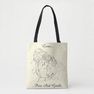 Tote Bag dessin original d'une fille embrassant un chien