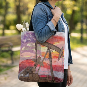 Tote Bag Dessin pastel patriotique d'un pumpjack au coucher