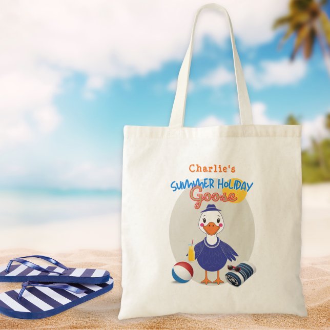 Tote Bag Dessin Rétro Canard Fou Vacances D'été Drôles (A fun tote bag with a Summer Holiday Goose design, personalized with a name)