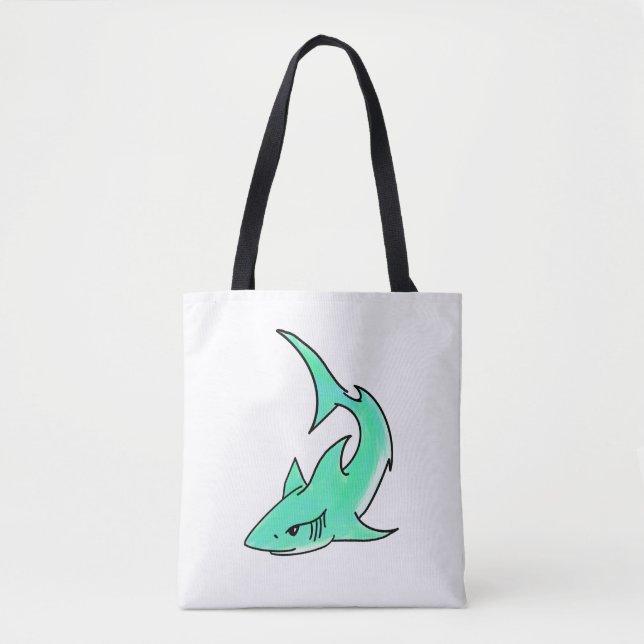 Tote Bag dessin souriant requin menthe bleu vert océan anim (Devant)