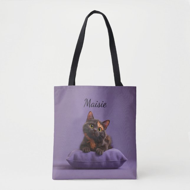 Tote Bag Dessin Tortoiseshell Kitten sur coussin pourpre (Devant)