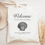 Tote Bag Destination Mariage Bienvenue Scallop Seashell<br><div class="desc">Cet hôtel de mariage de destination ou sac de faveur présente une illustration vintage d'un coquillage de Saint-Jacques sous le mot "bienvenue" dans l'écriture élégante. Personnalisez-le avec votre emplacement mariage,  les noms de la mariée et du marié,  et la date du mariage.</div>