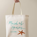 Tote Bag Destination plage étoile de mer mariage bonne d'ho<br><div class="desc">Starfish domestique d'honneur mer / plage / destination sac fourre-tout de mariage avec script de calligraphie bleu aqua et texte modifiable. Personnalisez-le avec la bonne du nom de l'honneur.</div>