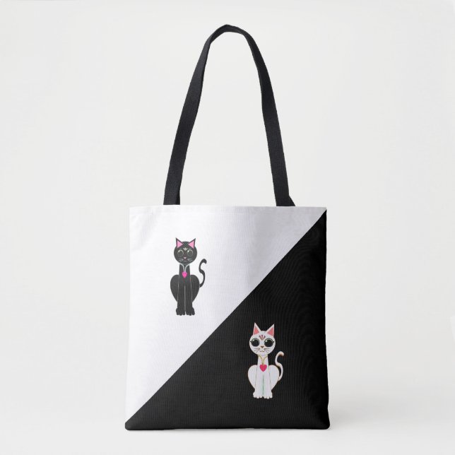 Tote Bag Deux chats mignons sur fond noir et blanc (Devant)