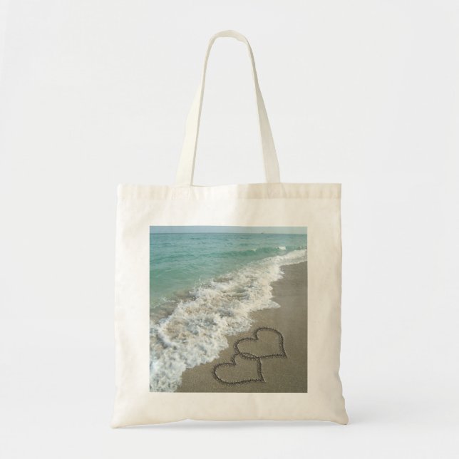 Tote Bag Deux Coeurs de sable sur la plage, Océan romantiqu (Devant)