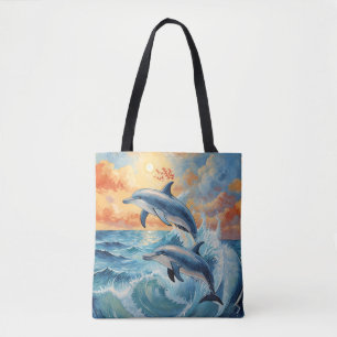 Tote Bag Deux dauphins de saut artistique Coucher de soleil
