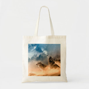 Tote Bag Deux loups hurlent à la pleine lune dans la forêt