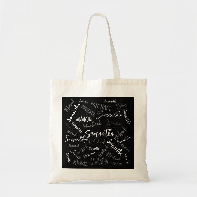 Tote Bag Deux noms couple motif monogramme noir gris blanc (Devant)