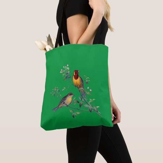 Tote Bag Deux oiseaux sur des branches de fleurs, (De près)