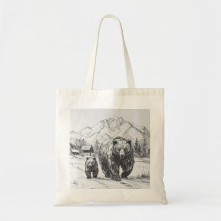 Tote Bag Deux ours, mère et bébé, marchant le long de beaux