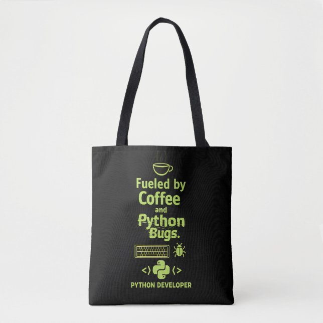 Tote Bag Développeur Python drôle – Alimenté par des bugs d (Devant)