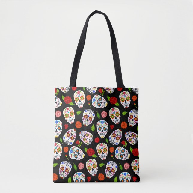 Tote Bag Dia Los Muertos : motif crâne à sucre. (Devant)
