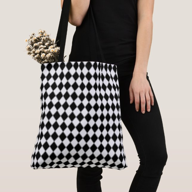 Tote Bag Diamant Noir et Blanc Motif Argyle (De près)