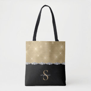 Tote Bag Diamants Monogramme Or Luxe Noir Sophistiqué