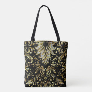 Tote Bag Diamonds & Gold Floral Design