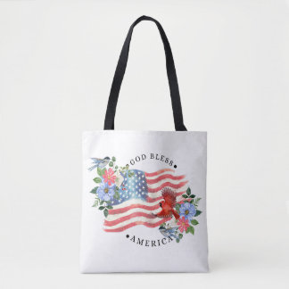 Tote Bag Dieu bénisse l'Amérique Aquarelle Drapeau/Fleurs/O