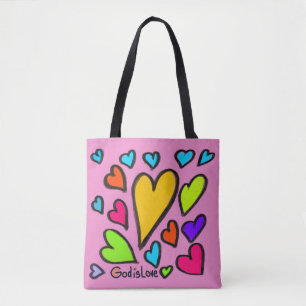 Tote Bag Dieu est Amour avec Coeurs Rose
