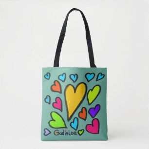 Tote Bag Dieu est Amour avec des cœurs Turquoise