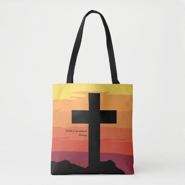 Tote Bag Dieu Est Au Contrôle. Jésus, Croix, Bible, Religie (Devant)