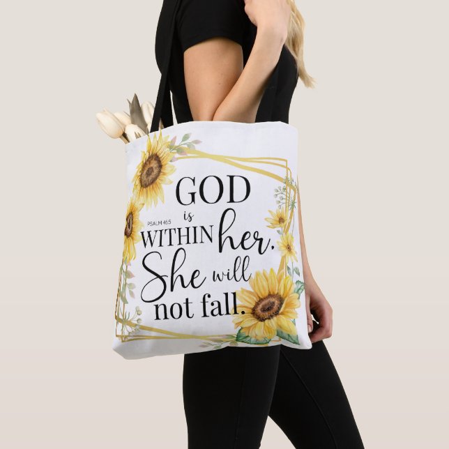 Tote Bag Dieu est en elle - Psaume 46:5 Sunflower Christian (De près)