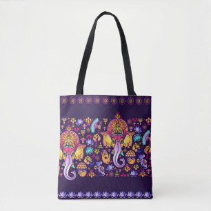 Tote Bag Dieu hindou Ganesha et symboles indiens en bande