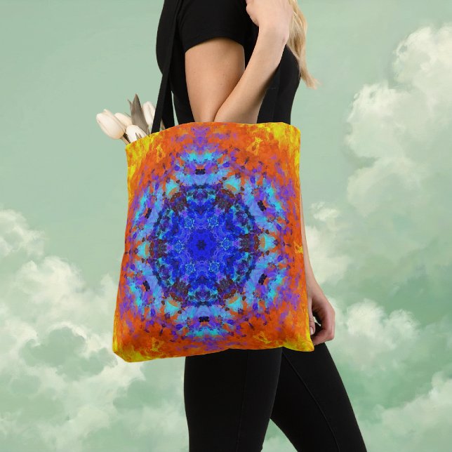Tote Bag Digital Mandala bleu orange et jaune (Blue Orange and Yellow Digital Mandala Tote Bag by Wormhole Orbital)