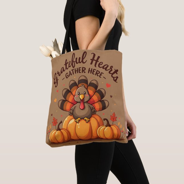 Tote Bag Dinde de Thanksgiving à cœurs reconnaissants (De près)