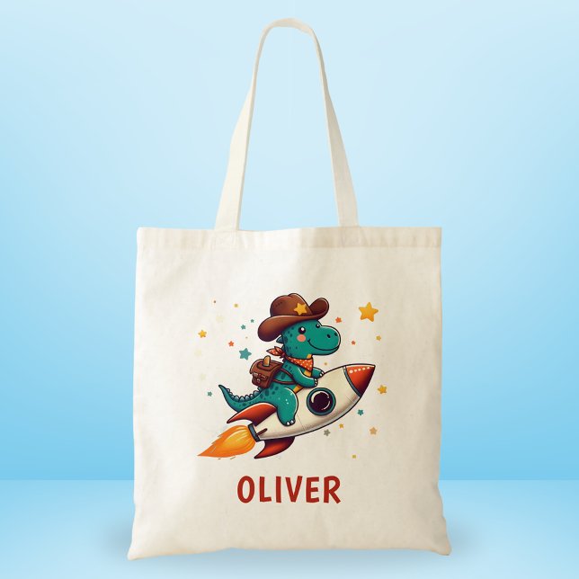 Tote Bag Dinosaure Cowboy Mignon à Bord d'une Fusée Spatial (Créateur téléchargé)