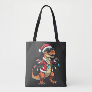 Tote Bag Dinosaure enveloppé de lumières de Noël Santa Hat