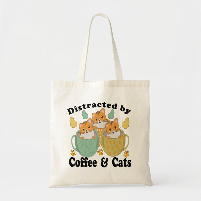 TOTE BAG DISTRAIT PAR LES CHATS ET LE CAFÉ. (Devant)