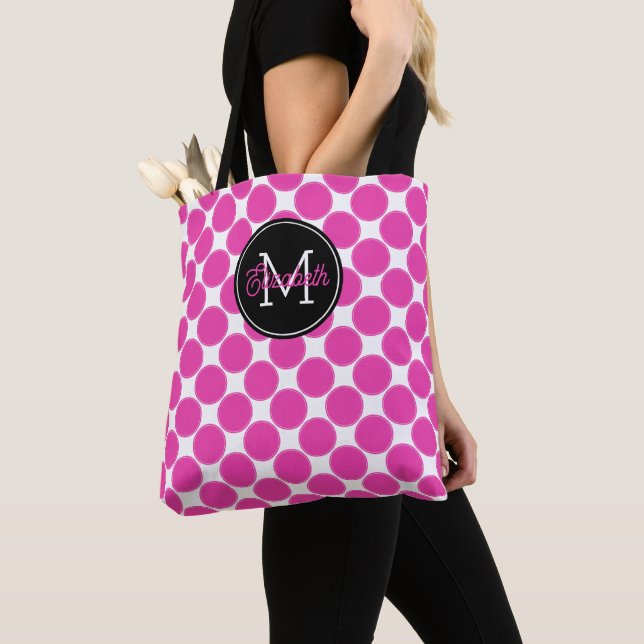 Tote Bag Diva Rose et Blanc à pois avec monogramme noir (De près)