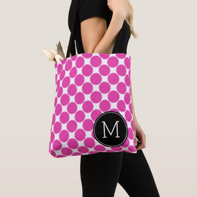 Tote Bag Diva rose et blanc à pois avec monogramme noir (De près)