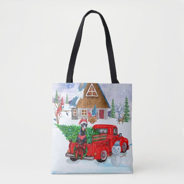 Tote Bag Doberman Chien en Livraison Noël Camion Neige (Devant)