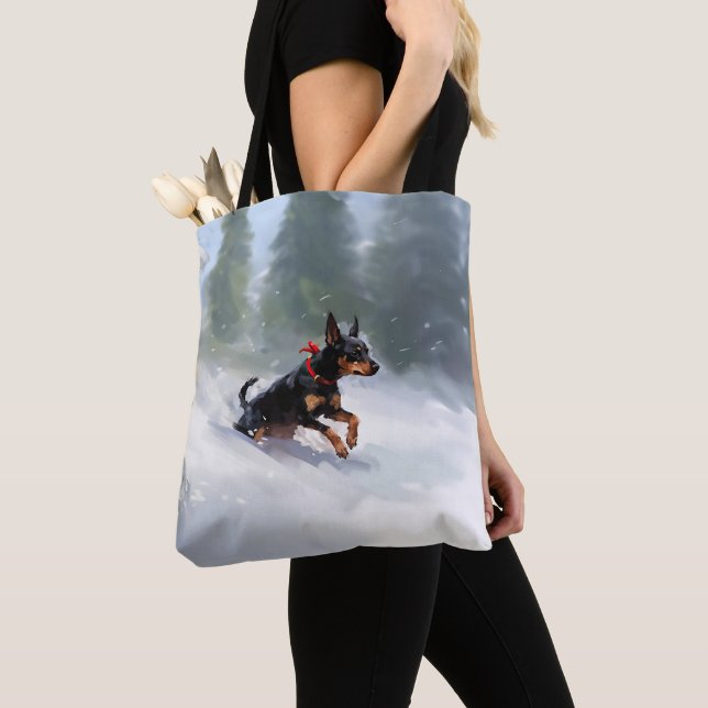 Tote Bag Doberman Pinscher Noël neige hiver (De près)