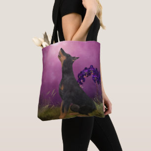 Tote Bag Doberman Pinscher Orchidées Violettes Art Canin