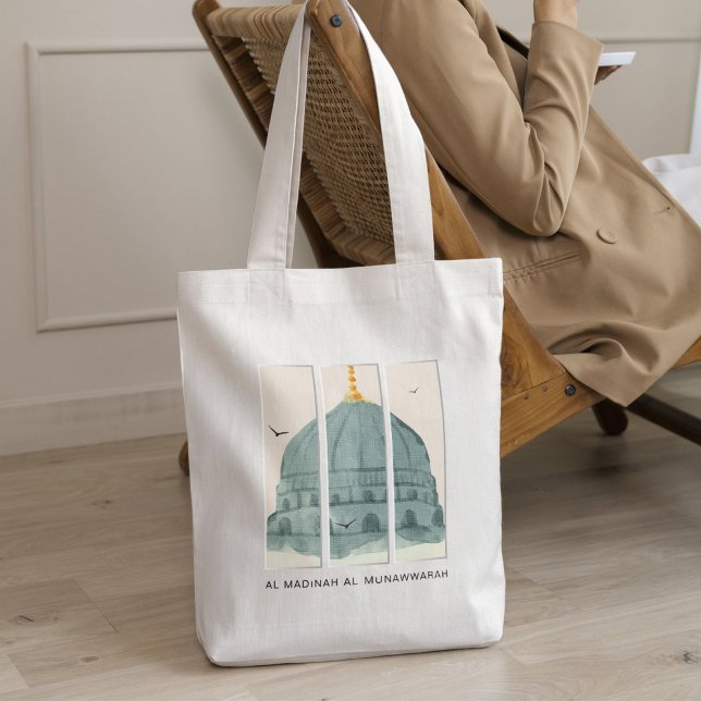 Tote Bag Dôme vert de Masjid an-Nabi Triptyque aquarelle (Masjid an-Nabi Green Dome watercolor tote – luxury Islamic gift & faith statement.)