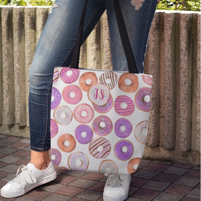 Tote Bag Donut rose et pourpre Nom personnalisé Baker's (Créateur téléchargé)