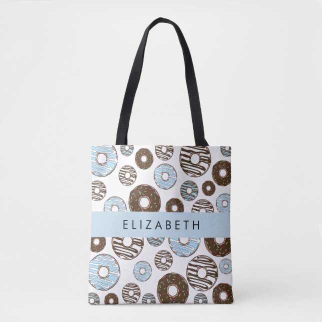 Tote Bag Donuts Bleus, Donuts Brown, Sprinkings, Votre Nom (Devant)